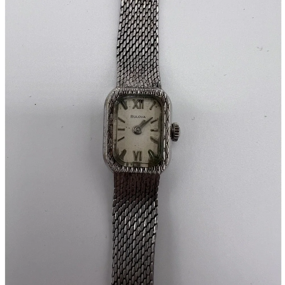 Bulova Vintage Cocktail Watch Womens Silver 10K RGP Mesh Band Needs Battery